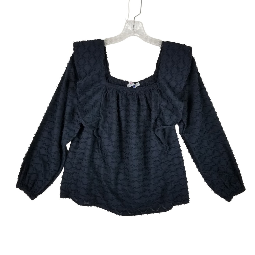 Vineyard Vines Blouse Womens XS Navy Blue Ruffle Square Neck Clipped Jacquard